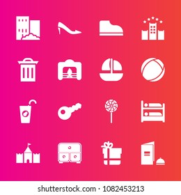 Premium set with fill vector icons. Such as boat, garbage, ship, key, shoe, home, trash, estate, fruit, fashion, vessel, hostel, recycle, fresh, paper, building, vacation, tower, female, box, juice