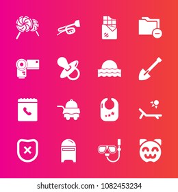 Premium Set With Fill Vector Icons. Such As Closed, Trumpet, Letter, Food, Service, Infant, Summer, Post, Lollipop, Toy, Water, Internet, Room, Music, Bed, Mail, Security, Mask, Baby, Candy, Bedroom