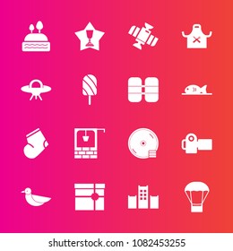 Premium set with fill vector icons. Such as chief, dvd, gift, sky, doughnut, camera, winner, place, hotel, vacation, dessert, bucket, socks, well, water, warm, orbit, cake, space, photo, cd, first