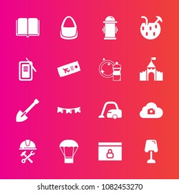 Premium set with fill vector icons. Such as balloon, equipment, shovel, textbook, helmet, celebration, education, table, fashion, glass, photo, happy, home, department, hot, cleaner, vacuum, web, lock