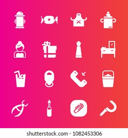 Premium set with fill vector icons. Such as clip, tool, safety, lollipop, sign, button, hydrant, bottle, harvest, paperclip, plastic, phone, bucket, medical, wedding, clinic, handle, paper, drink, map