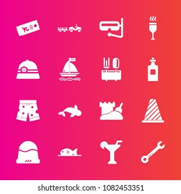 Premium set with fill vector icons. Such as fish, tool, hammer, shorts, clothing, background, spanner, snorkel, mask, plane, summer, food, red, street, shipping, board, seafood, road, drink, truck