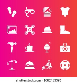 Premium set with fill vector icons. Such as drink, chef, cafe, footwear, sport, ice, finance, saw, picture, sack, coffee, law, kid, clothes, construction, clean, judge, cappuccino, hammer, restaurant