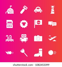 Premium set with fill vector icons. Such as lighthouse, house, water, igloo, beacon, white, automobile, plane, vehicle, footwear, peeler, bowling, technology, light, foot, fun, photography, tool, boot