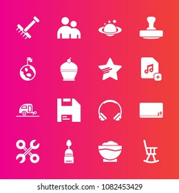 Premium set with fill vector icons. Such as travel, cake, sweet, globe, school, music, chalk, blackboard, garden, journey, raking, people, diskette, doughnut, person, service, sound, audio, education