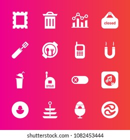 Premium set with fill vector icons. Such as kamon, turn, dinner, trash, sign, communication, fun, profile, box, waste, food, deactivate, frame, trend, beverage, garbage, child, cup, switch, off, boy