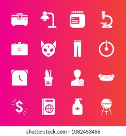 Premium set with fill vector icons. Such as bbq, immigration, watch, hygiene, delete, profile, sausage, grill, projector, barbecue, science, lamp, avatar, time, meat, cooking, jar, glass, dental, jam