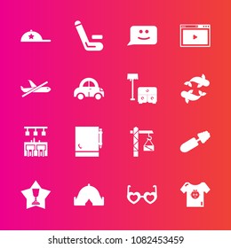 Premium set with fill vector icons. Such as smile, place, clothes, camp, hammer, makeup, internet, mascara, match, kid, travel, black, first, brush, chat, baby, achievement, championship, media, tent