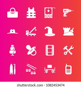 Premium set with fill vector icons. Such as japan, life, cake, baby, movie, kid, well, sport, water, pacifier, telephone, toothpaste, dessert, mobile, business, food, sushi, health, safety, work, desk