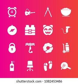 Premium set with fill vector icons. Such as dessert, white, truck, delivery, equipment, transportation, cargo, compass, instrument, armchair, dish, map, guitar, watch, food, time, engineering, clock