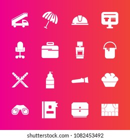 Premium set with fill vector icons. Such as umbrella, safety, parasol, equipment, night, cart, transport, lamp, rain, doughnut, samurai, book, transportation, spray, directory, chair, torch, weapon