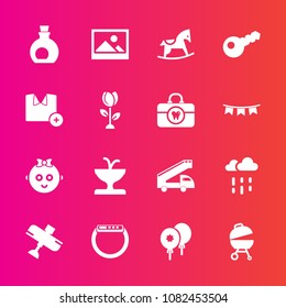 Premium set with fill vector icons. Such as airplane, white, meat, childhood, time, cute, fountain, barbecue, flight, celebration, transportation, smart, grill, key, frame, plane, watch, kid, weather