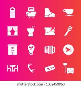 Premium set with fill vector icons. Such as call, estate, dinner, phone, airplane, location, telephone, flight, kitchen, cafe, real, bed, cup, sofa, music, cheese, building, travel, cyborg, drink