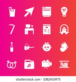 Premium set with fill vector icons. Such as cursor, spanner, gas, cute, romance, drink, warm, fashion, guitar, childhood, library, winter, kid, baby, wrench, oven, kitchen, location, ring, clothes