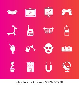Premium set with fill vector icons. Such as sign, bucket, sweet, global, room, real, annual, laboratory, energy, dessert, ice, magnet, map, joystick, plant, test, fiction, globe, television, business