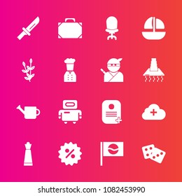 Premium set with fill vector icons. Such as robot, style, interior, knife, android, sale, restaurant, sign, king, price, plant, success, technology, travel, cyborg, can, gardening, cloud, piece, add