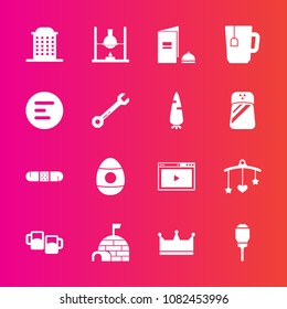 Premium set with fill vector icons. Such as paper, bar, crown, mobile, king, alcohol, laboratory, internet, medical, health, drink, city, baby, snow, street, online, book, lamp, button, light, easter