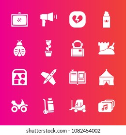 Premium set with fill vector icons. Such as circus, truck, bottle, car, bear, love, broken, quad, play, book, ball, bike, cargo, fly, technology, entertainment, literature, television, library, room