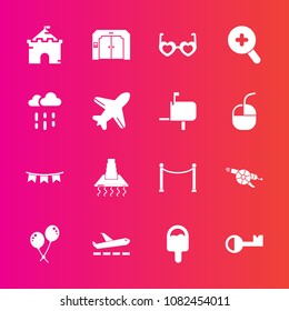 Premium set with fill vector icons. Such as style, rainy, happy, fence, flight, background, flag, glass, mail, architecture, cooking, food, birthday, castle, zoom, hippie, key, celebration, aircraft