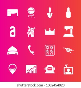 Premium set with fill vector icons. Such as headwear, science, oven, gas, bowling, television, cooking, desk, communication, space, office, screen, cone, meat, hat, clothing, barbecue, job, bbq, stove