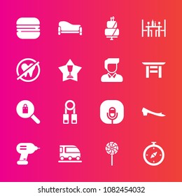 Premium set with fill vector icons. Such as person, cake, healthy, sandwich, couch, clothing, training, vehicle, north, room, female, health, burger, drill, food, transport, microphone, woman, dental