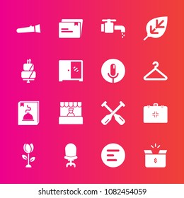 Premium set with fill vector icons. Such as emergency, paper, water, paddle, sign, app, box, bathroom, lamp, button, cardboard, package, mobile, oar, torch, food, blossom, night, health, store, flower