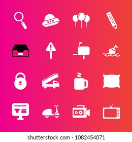 Premium set with fill vector icons. Such as spaceship, camera, glass, hot, white, transportation, lock, bed, pencil, cycle, birthday, sign, soft, sale, cart, home, bicycle, equipment, technology, cup