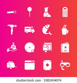 Premium set with fill vector icons. Such as scuba, pin, caravan, mask, poker, drop, dvd, waiter, transport, web, trailer, van, flashlight, website, browser, business, sport, saw, transportation, bag
