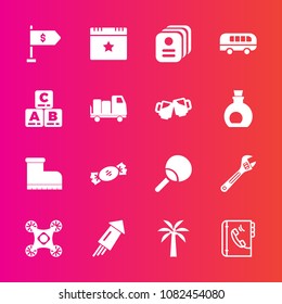 Premium set with fill vector icons. Such as celebration, location, leather, star, leisure, transportation, control, candy, phone, table, food, hammer, spanner, road, transport, sweet, identity, child