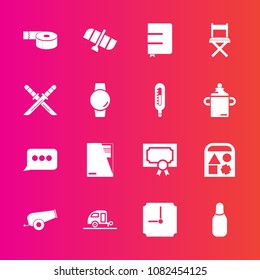Premium set with fill vector icons. Such as toy, vacation, journey, speech, message, weapon, play, diploma, notebook, planet, cannon, time, chat, page, certificate, samurai, space, document, caravan