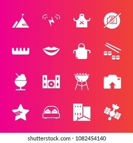 Premium set with fill vector icons. Such as furniture, hair, lips, star, building, grill, home, cooking, meat, satellite, nature, white, technology, photo, real, beauty, speaker, bed, energy, camera