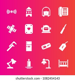 Premium set with fill vector icons. Such as vacation, air, tag, travel, tie, light, flame, lamp, tool, baby, kitchen, food, phone, child, refrigerator, sign, freezer, poker, room, bow, station, hotel