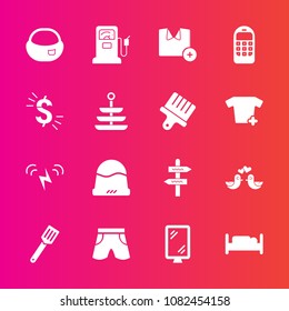 Premium set with fill vector icons. Such as shirt, pump, business, sun, mobile, furniture, banner, pan, wear, gas, fashion, fuel, energy, template, food, headwear, ecology, backpack, hat, bag, white