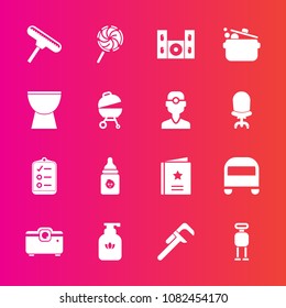 Premium set with fill vector icons. Such as music, technology, hygiene, transport, android, industrial, kitchen, reparation, barbecue, bus, favorite, check, projector, lollipop, liquid, sign, brush