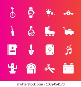 Premium set with fill vector icons. Such as cactus, travel, sound, brush, night, dental, staple, telephone, astronomy, airplane, farming, desert, gadget, directory, musical, star, game, circus, watch
