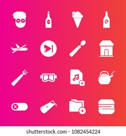 Premium set with fill vector icons. Such as fashion, deactivate, file, document, retro, bottle, sandwich, energy, switch, folder, dessert, snack, spoon, graphic, snorkel, chemical, ice, red, hipster