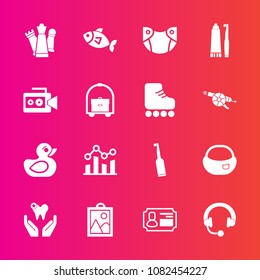 Premium set with fill vector icons. Such as id, brush, card, duck, finance, trend, tooth, fish, toy, child, headphone, graph, baby, business, king, school, object, play, health, picture, diaper, piece