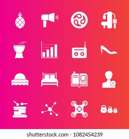 Premium set with fill vector icons. Such as instrument, sound, drone, chemistry, fruit, person, drum, technology, kamon, fresh, member, nature, communication, book, education, fitness, add, account