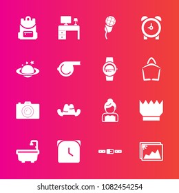 Premium set with fill vector icons. Such as belt, time, audio, headwear, mic, office, school, photography, backpack, table, toilet, minute, picture, couple, hat, watch, sound, wedding, technology, cap
