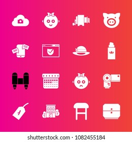 Premium set with fill vector icons. Such as chair, piglet, time, communication, schedule, rocket, sad, kid, chat, pasta, web, flight, camera, childhood, interior, pork, spaceship, real, phone, sign