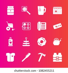 Premium set with fill vector icons. Such as new, doughnut, food, office, vest, sweet, equipment, plate, spanner, cup, time, protective, pen, fitness, kettle, sport, tool, care, hammer, fashion, day