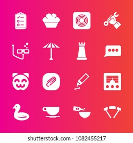 Premium set with fill vector icons. Such as foreman, check, fan, jump, communication, doughnut, parachuting, antenna, glass, paperclip, cake, sign, cat, wine, food, stationery, construction, office