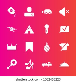 Premium set with fill vector icons. Such as child, service, fashion, clothes, white, food, bottle, female, beauty, shipping, bookmark, tropical, crown, war, truck, powder, high, volume, delivery, baby