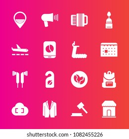 Premium set with fill vector icons. Such as calendar, suit, caffeine, justice, doughnut, loudspeaker, timetable, audio, backpack, mobile, travel, accordion, airport, cloud, hotel, privacy, time, plane