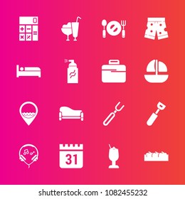 Premium set with fill vector icons. Such as knife, glass, timetable, time, business, bar, cocktail, restaurant, room, home, couch, cooking, apple, healthy, alcohol, cream, spoon, job, food, dinner