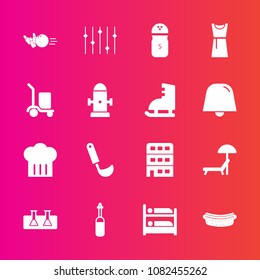 Premium set with fill vector icons. Such as salt, female, restaurant, pin, city, umbrella, beach, hostel, ball, sausage, house, architecture, ladle, hotel, cooking, sport, hotdog, meat, delivery, soup