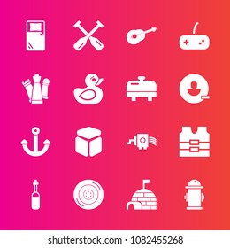 Premium set with fill vector icons. Such as auto, guitar, safety, paddle, canoe, arctic, tire, square, oar, house, wheel, cheese, vest, clothing, fire, game, equipment, cube, grater, boat, water, ice