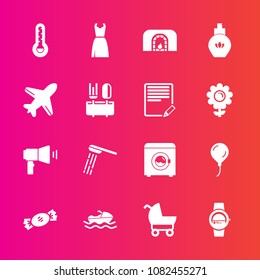 Premium set with fill vector icons. Such as pram, birthday, sweet, baby, ocean, hygiene, celebration, dress, time, christmas, female, bottle, perfume, machine, carriage, vessel, thermometer, watch