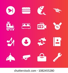 Premium set with fill vector icons. Such as locomotive, light, war, phone, directory, transport, fashion, business, spanner, travel, sport, video, bulb, fish, military, equipment, profile, hammer, bag