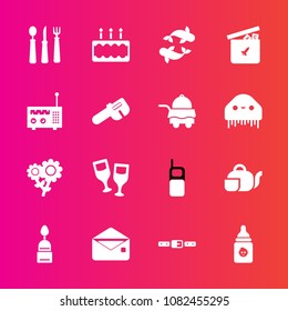 Premium set with fill vector icons. Such as radio, glass, toy, nature, sweet, food, floral, cake, doughnut, japanese, spoon, knife, plastic, mail, seafood, envelope, milk, drink, ball, wine, teapot